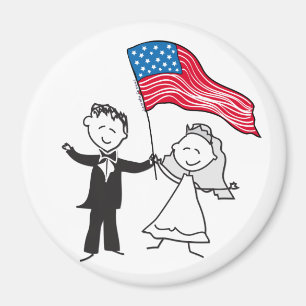 Cute Couple Illustration with American Flag Magnet