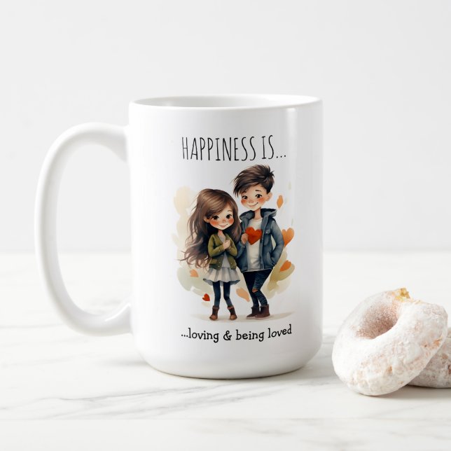 Cute Couple in Love Cartoon | Happiness Is |  Coffee Mug (With Donut)
