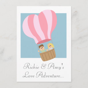 Cute couple in pink striped hot air balloon invitation