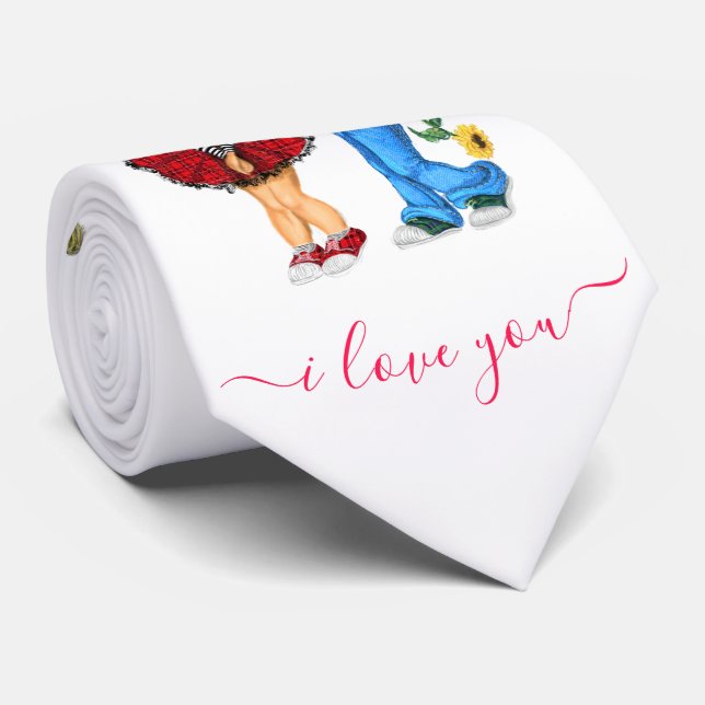 Cute Couple Neck Tie with Text - I Love You (Rolled)