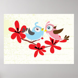 Cute couple of birds red flowers custom poster