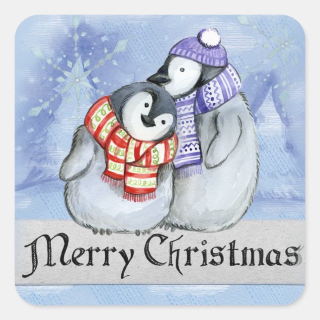Cute couple of penguins hugging square sticker (Front)