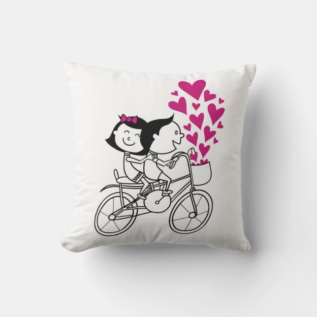 Cute Couple on Bicycle – Romantic Illustration Des Cushion (Front)