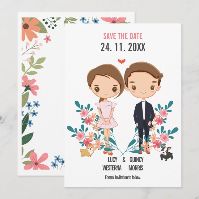 Cute couple pretty floral boho save the date (Front/Back)