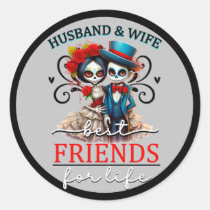 Cute Couple Sugar Skull  Classic Round Sticker