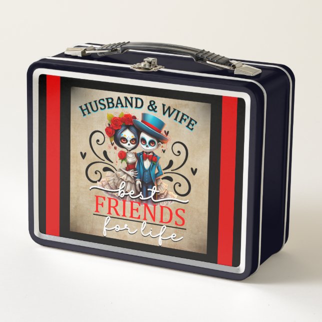 Cute Couple Sugar Skull Metal Lunch Box (Front)