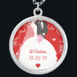 Cute Couple Wedding Gown Tuxedo 1st Christmas Silver Plated Necklace<br><div class="desc">Keepsake Necklaces Choose either Silver Plated Gold Finish or Sterling Silver Unique Personalised Custom 1st Christmas Gift Wedding Keepsake Wedding Party Necklaces - to change background colour - click customise - click edit - choose last tool in drop down menu and choose from one of the colours shown or enter...</div>