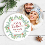 Cute Couples First Christmas Photo Ornaments<br><div class="desc">A perfect gift for newlyweds or anniversary weddings, this elegant acrylic Christmas ornament features your names and wedding date encircled with watercolor holly and red berries. The ornament reverses to reveal your couple or family photo. Customise this round ornament with your names to create a unique keepsake for a Christmas...</div>