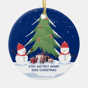 Cute Covid Christmas Snowmen Stay 6 Feet Apart Ceramic Tree Decoration