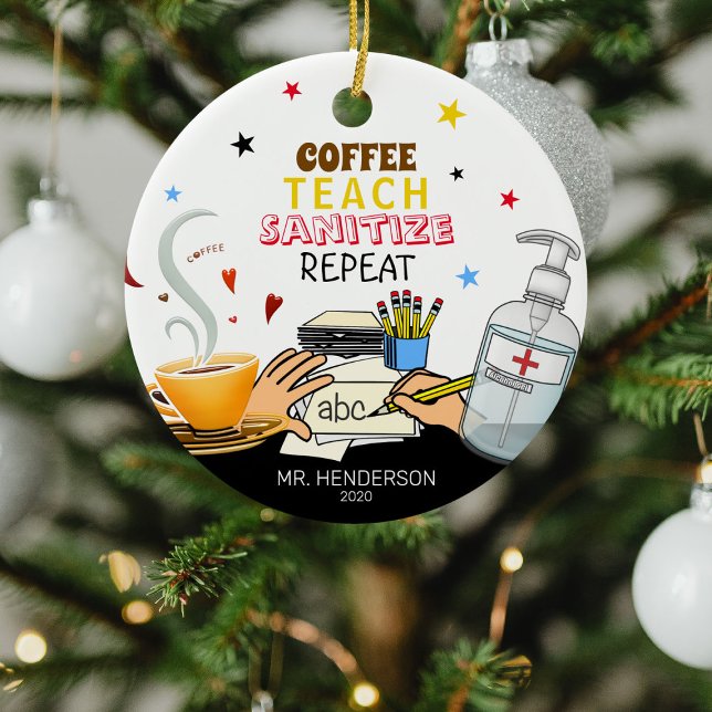 Cute Covid Coffee Teach Sanitise Teacher Christmas Ceramic Tree Decoration (Creator Uploaded)