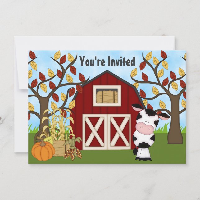 Cute Cow and Barn Autumn Birthday Invitation (Front)