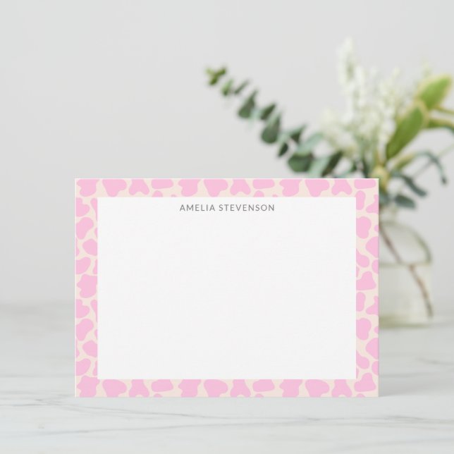 Cute Cow Animal Print Pattern Personalised Pink Card (Standing Front)