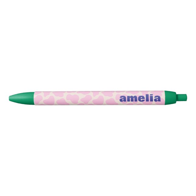 Cute Cow Animal Print Pattern Pink Green Name Black Ink Pen (Front)