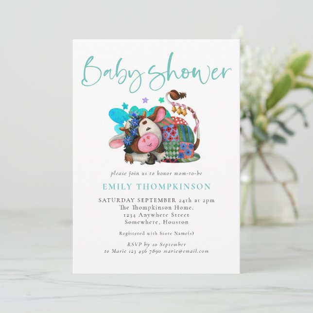 Cute Cow Asleep Gender Neutral Teal Baby Shower Invitation (Standing Front)