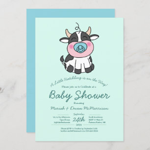 Cute Cow Baby Shower Kawaii Blue Boy Invitation