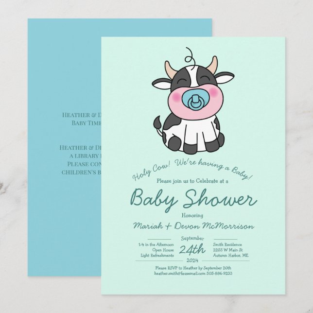 Cute Cow Baby Shower Kawaii Blue Boy Invitation (Front/Back)