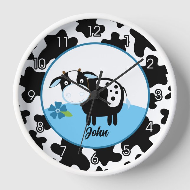 Cute Cow Barnyard Nursery Clock Boy (Front)
