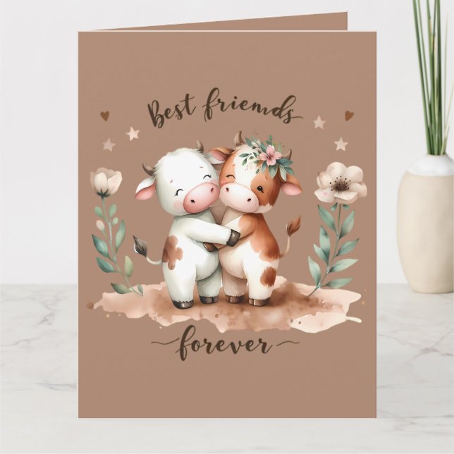 Cute Cow Best Friends Hug Floral Art Card (Front)
