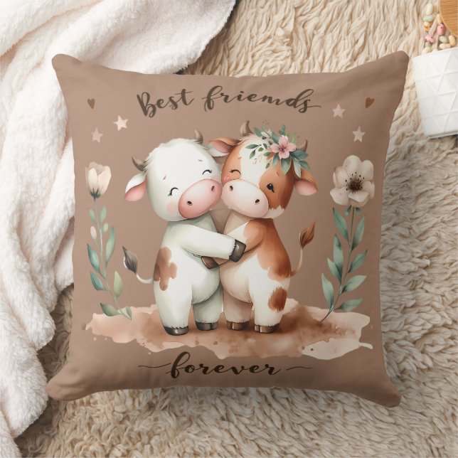 Cute Cow Best Friends Hug Floral Art Cushion (Blanket)
