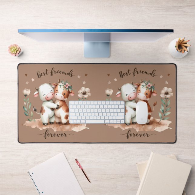 Cute Cow Best Friends Hug Floral Art Desk Mat (Office 1)