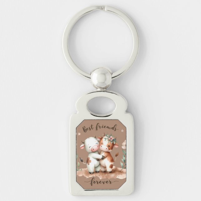 Cute Cow Best Friends Hug Floral Art Key Ring (Front)