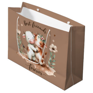 Cute Cow Best Friends Hug Floral Art Large Gift Bag