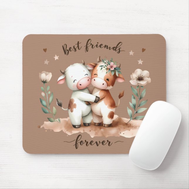 Cute Cow Best Friends Hug Floral Art Mouse Mat (With Mouse)