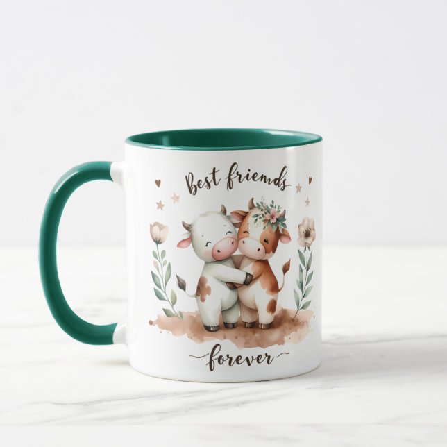 Cute Cow Best Friends Hug Floral Art Mug (Left)