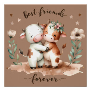 Cute Cow Best Friends Hug Floral Art Poster