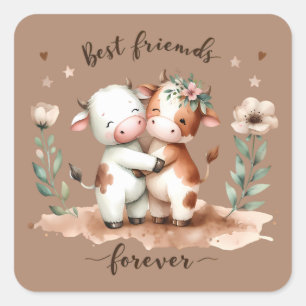 Cute Cow Best Friends Hug Floral Art Square Sticker