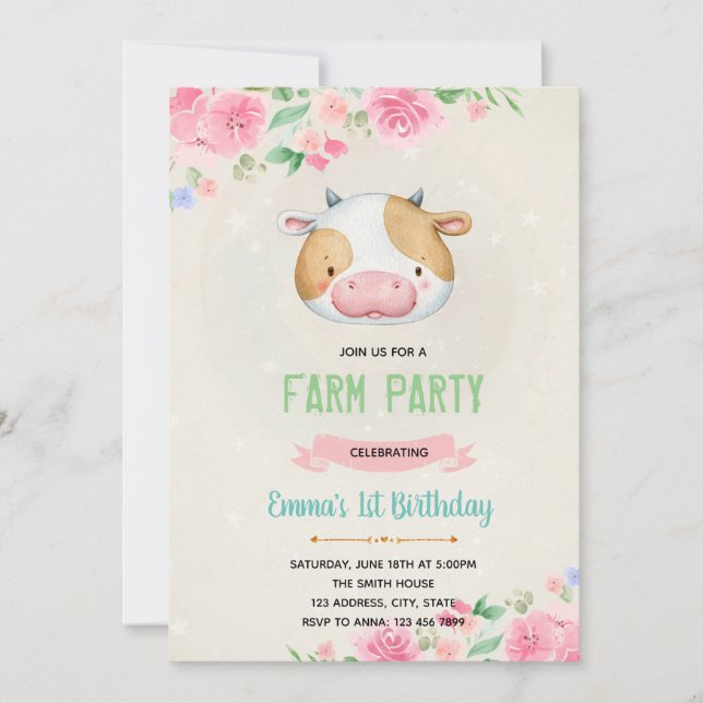 Cute cow birthday invitation (Front)