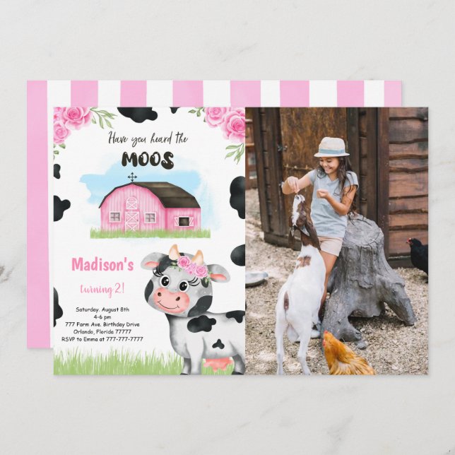 Cute Cow Birthday Photo Invitation (Front/Back)