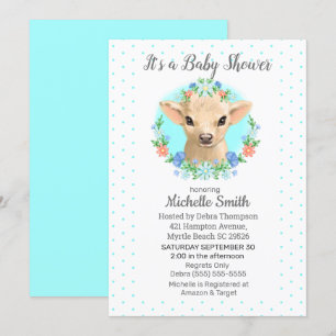 Cute Cow Blue Boys Floral Baby Shower Invitation