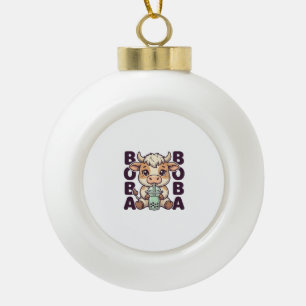 Cute Cow Boba Tea Vintage Engraving T-Shirt Design Ceramic Ball Christmas Ornament