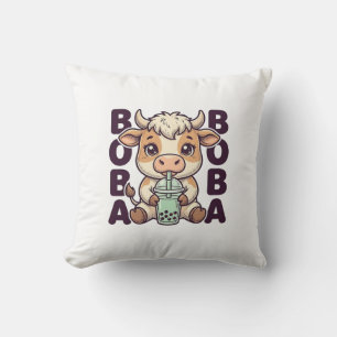 Cute Cow Boba Tea Vintage Engraving T-Shirt Design Cushion