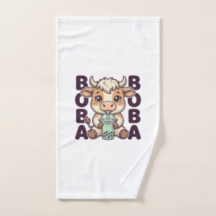 Cute Cow Boba Tea Vintage Engraving T-Shirt Design Hand Towel