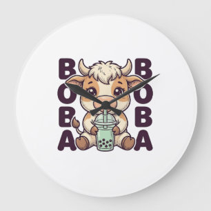 Cute Cow Boba Tea Vintage Engraving T-Shirt Design Large Clock