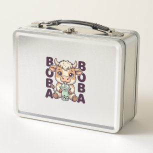 Cute Cow Boba Tea Vintage Engraving T-Shirt Design Metal Lunch Box