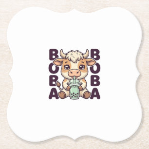 Cute Cow Boba Tea Vintage Engraving T-Shirt Design Paper Coaster