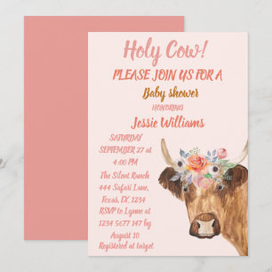 Cute Cow Boho Country Baby Girl Western Floral  In Invitation