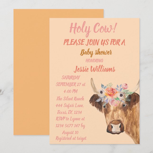 Cute Cow Boho Country Baby Girl Western Floral  Invitation (Front/Back)
