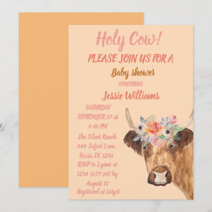 Cute Cow Boho Country Baby Girl Western Floral Invitation