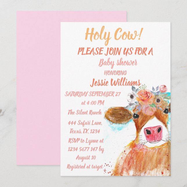 Cute Cow Boho Country Baby Girl Western Floral Invitation (Front/Back)