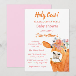 Cute Cow Boho Country Baby Girl Western Floral Invitation