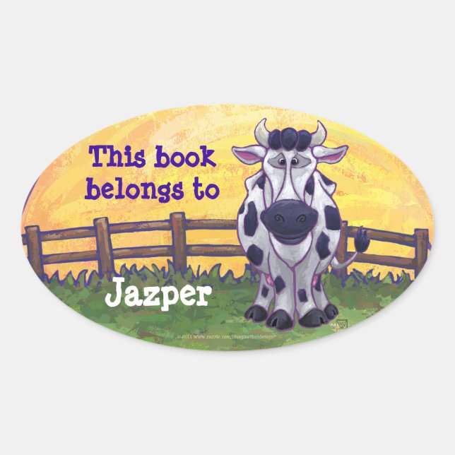 Cute Cow Bookplate Oval Sticker (Front)