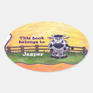 Cute Cow Bookplate Oval Sticker