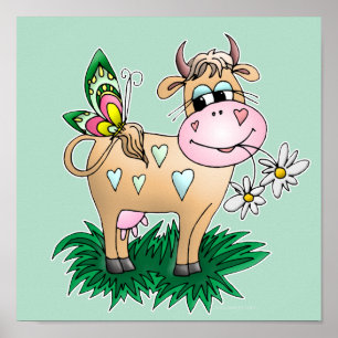 Cute Cow & Butterfly Poster