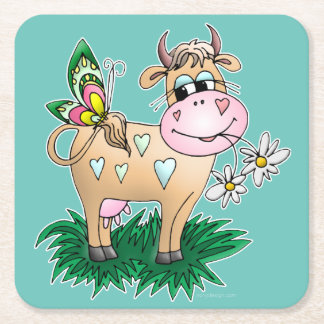 Cute Cow & Butterfly Square Paper Coaster