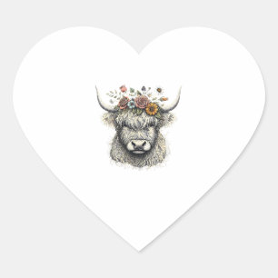 Cute Cow Calf Flowers Hand Illustration Farm Anima Heart Sticker
