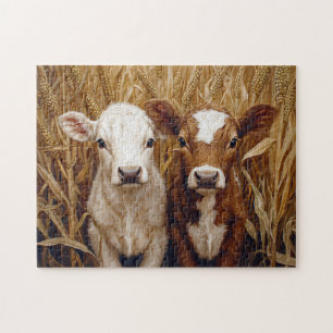 Cute Cow Calves Corn Field Jigsaw Puzzle